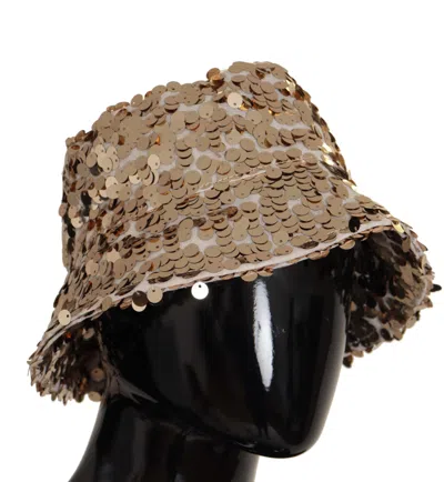 Dolce & Gabbana Gold Silk Sequin Embellished Designer Brim Bucket Hat In Gold