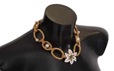 Dolce & Gabbana Gold White Lily Floral Chain Statement Women's Necklace In Gold