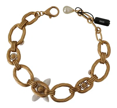Dolce & Gabbana Gold White Lily Floral Chain Statement Women's Necklace In Gold