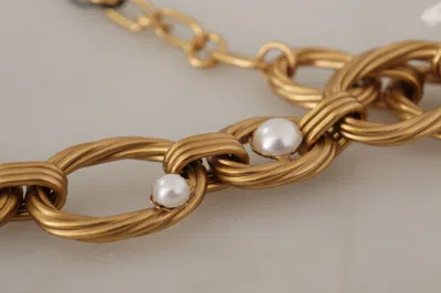Dolce & Gabbana Gold White Lily Floral Chain Statement Women's Necklace In Gold
