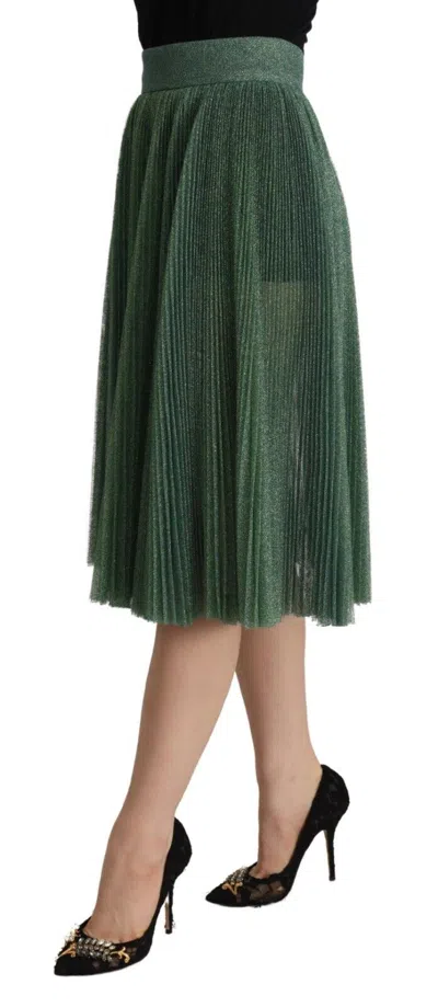 Dolce & Gabbana Metallic Green High Waist A-line Pleated Skirt In Green