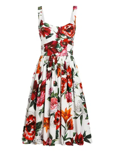Dolce & Gabbana White Anemoni Print Cotton Midi Dress In Multi