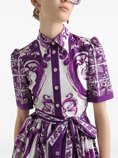 Dolce & Gabbana Poplin Shirt Dress With Maiolica Print In Purple