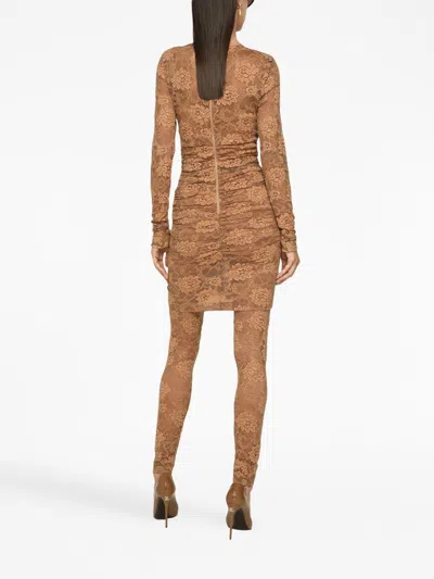 Dolce & Gabbana Short Floral Lace Dress In Brown