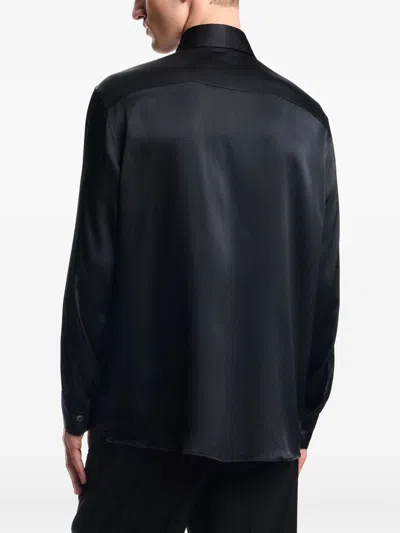 Emporio Armani Long Sleeve Satin Shirt With Spread Collar In Black