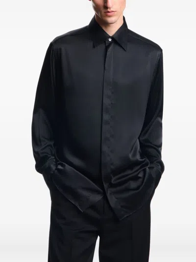 Emporio Armani Long Sleeve Satin Shirt With Spread Collar In Black