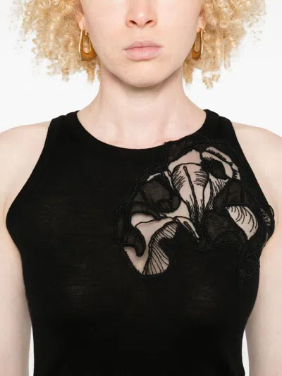 Ermanno Scervino Merino Racerback Tank Top Floral Embroidery In Black