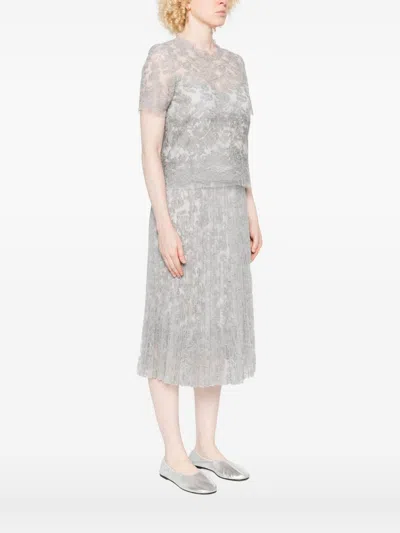 Ermanno Scervino Floral Lace Round Neck Sheer Top In Blue