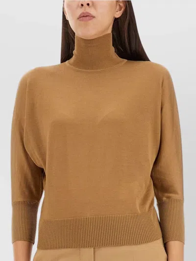 Max Mara Turtleneck Knitwear With 3/4 Sleeves And Ribbed Cuffs In Brown