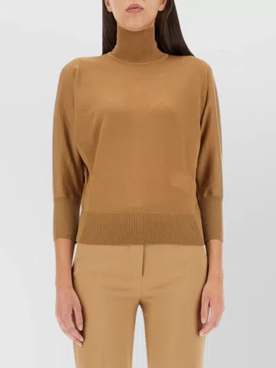 Max Mara Turtleneck Knitwear With 3/4 Sleeves And Ribbed Cuffs In Brown