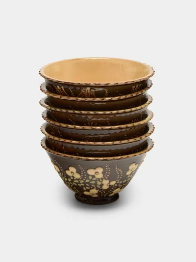 Poterie D’évires Poterie D'évires Flowers Hand-painted Ceramic Petite Fluted Bowls (set Of 6) In Multi