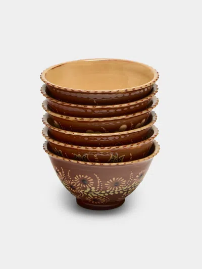 Poterie D’évires Poterie D'évires Flowers Hand-painted Ceramic Petite Fluted Bowls (set Of 6) In Brown