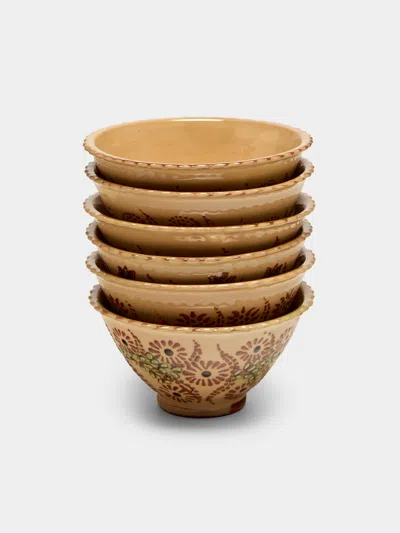 Poterie D’évires Poterie D'évires Flowers Hand-painted Ceramic Petite Fluted Bowls (set Of 6) In Brown