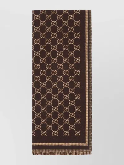 Gucci Patterned Rectangular Wool Scarf In Brown