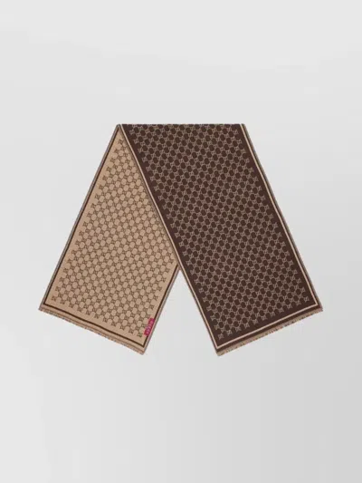 Gucci Patterned Rectangular Wool Scarf In Brown