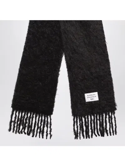 Acne Studios Wool Scarf Featuring Logo And Fringed Edges In Gray