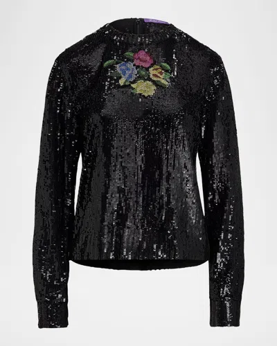 Ralph Lauren Sharon Sequined Tulle Long-sleeve Top In Black