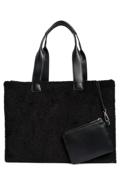 Bcbg Whipstitch Faux Shearling Tote Bag With Pouch In Black