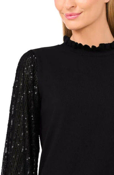 Cece Sequin Sleeve Mock Neck Sweater In Black