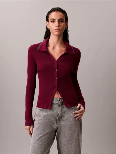 Calvin Klein Jeans Est.1978 Calvin Klein Women's Smooth Cotton Rib Tipped Polo Cardigan In Burgundy