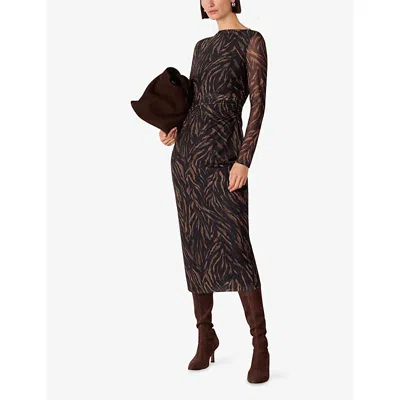 Whistles Omens  Abstract Zebra-print Stretch-mesh Midi Dress In Black