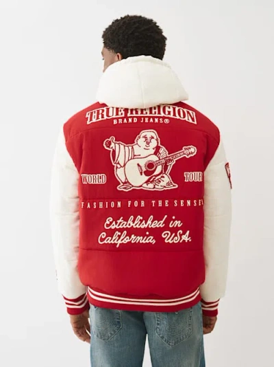 True Religion Varsity Hooded Puffer Jacket In Red