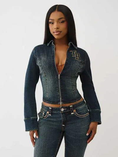 True Religion Women's Denim Double Zip Jacket In Blue