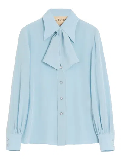 Valentino Bow-neck Silk Button-down Blouse In Blue