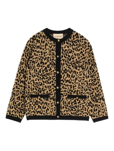 Valentino Wool Leopard Print Cardigan In Brown