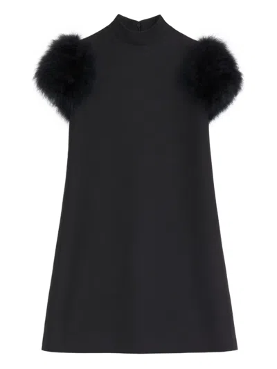 Valentino Short Crepe Couture Dress With Feathers Woman Black 42 In Black