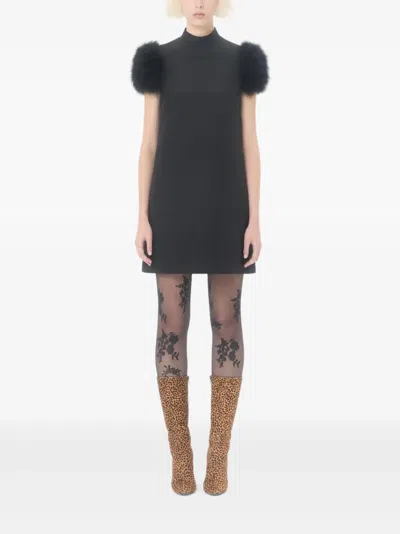 Valentino Short Crepe Couture Dress With Feathers Woman Black 42 In Black