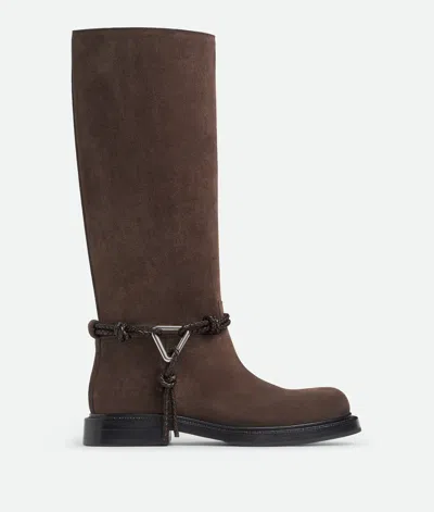 Bottega Veneta James Intrecciato Leather-trimmed Suede Knee Boots In Brown