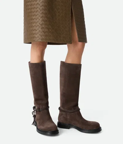 Bottega Veneta James Intrecciato Leather-trimmed Suede Knee Boots In Brown