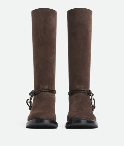 Bottega Veneta James Intrecciato Leather-trimmed Suede Knee Boots In Brown