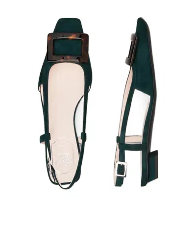 Roger Vivier Belle Vivier Slingback Ballerinas In Suede In Green
