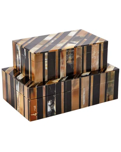Two's Company Horn Set Of 2 Covered Boxes In Brown