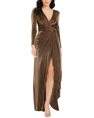 Dress The Population Shania Metallic Draped Mermaid Gown In Brown