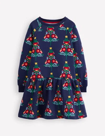 Boden Cosy Sweatshirt Dress College Navy Christmas Trees  In Multi