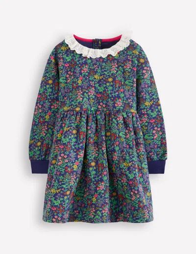 Boden Broderie Sweatshirt Dress College Navy Flower Meadow  In Multi