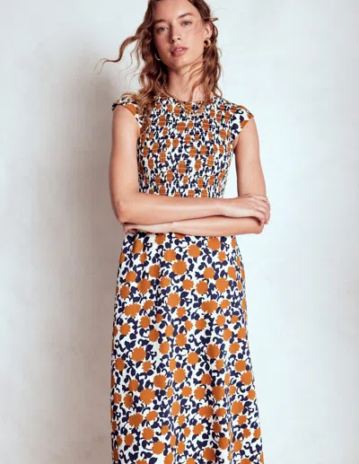 Boden Carolina Smocked Midi Dress Cognanc, Floweret Vine  In Multi