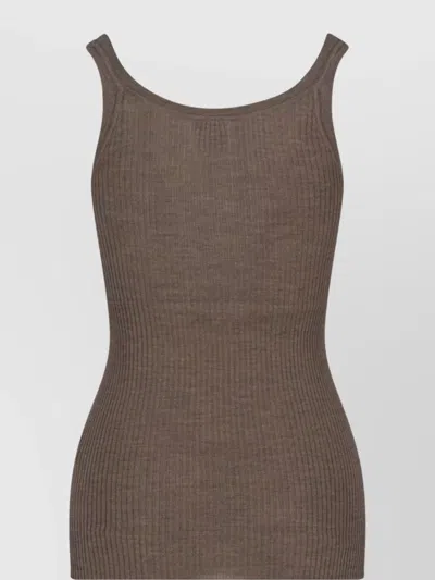 Calvin Klein Ribbed Scoop Neck Stretch Fit Top In Brown
