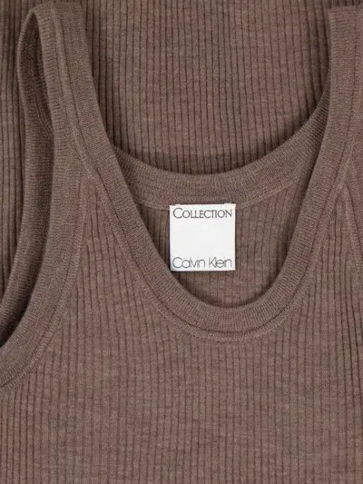 Calvin Klein Ribbed Scoop Neck Stretch Fit Top In Brown