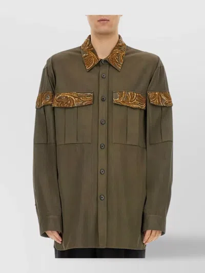 Dries Van Noten Embroidered Panels And Collar Long Sleeve Shirt In Green