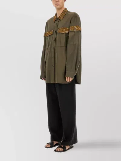Dries Van Noten Embroidered Panels And Collar Long Sleeve Shirt In Green