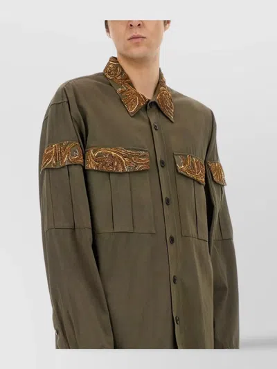 Dries Van Noten Embroidered Panels And Collar Long Sleeve Shirt In Green