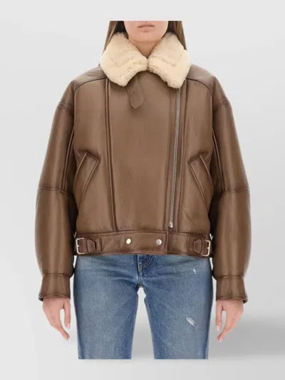 Acne Studios Buckle Detail Long Sleeve Shearling Jacket In Multi