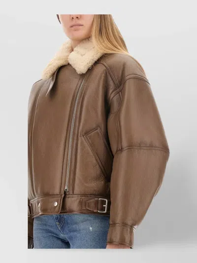 Acne Studios Buckle Detail Long Sleeve Shearling Jacket In Multi