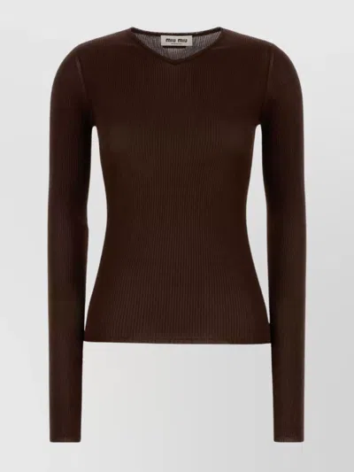 Miu Miu Silk Long Sleeve T-shirt With Ribbed Texture In Brown