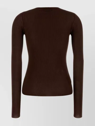 Miu Miu Silk Long Sleeve T-shirt With Ribbed Texture In Brown