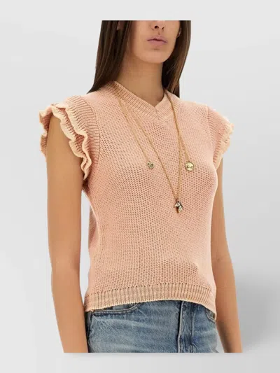 Chloé Wool Knit Top Ruffled Sleeves In Blue